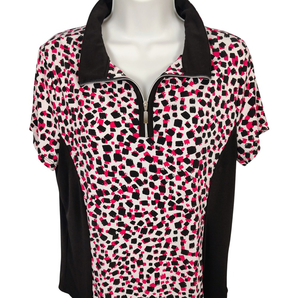 Weekends by Chico's Pink Black Abstract Geometric Quarter Zip Polo Shirt Size 1‎